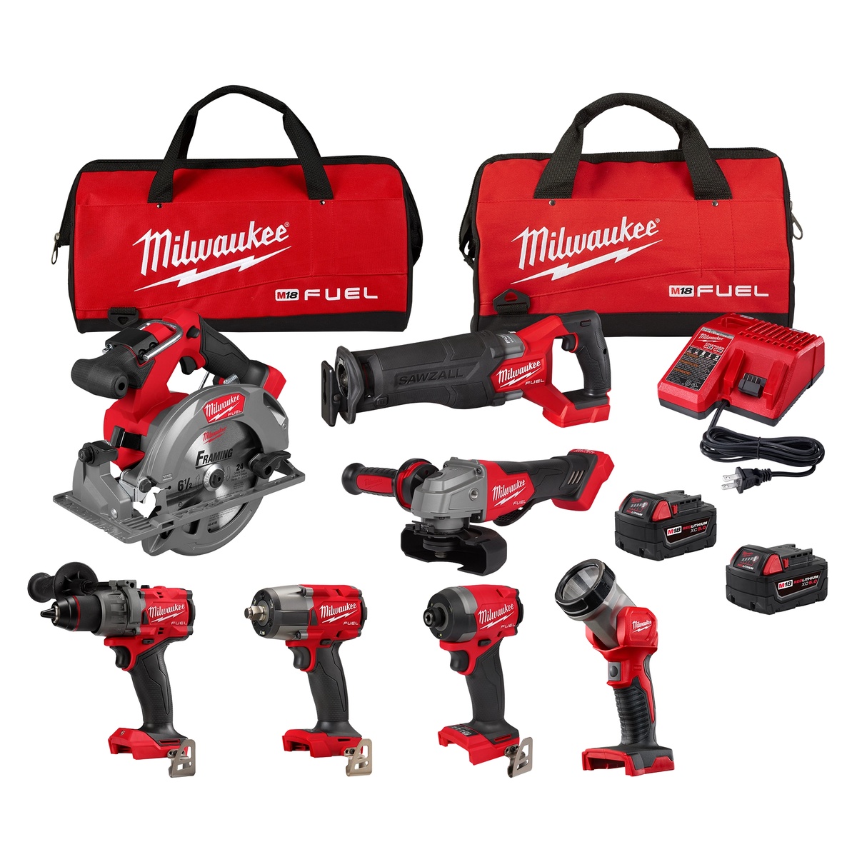 Milwaukee 3697-27 M18 FUEL 7-Tool Combo Kit shown with drill, impact driver, reciprocating saw, circular saw, grinder, impact wrench, work light, batteries, charger, and contractor bags on a clean product layout for jobsite setup reference