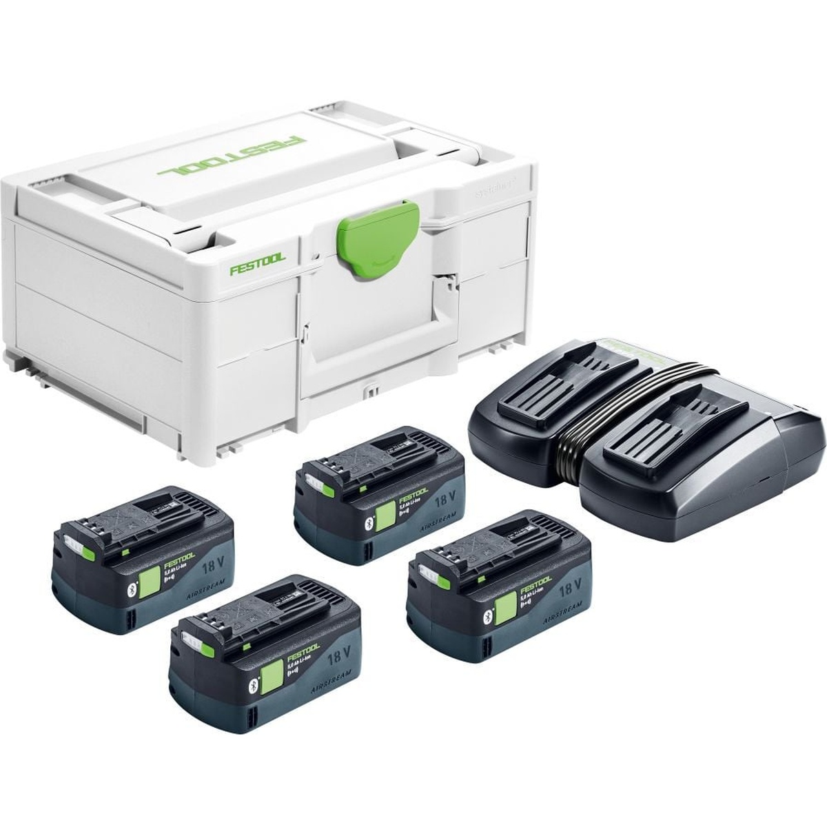 Festool 578201 Limited Edition 18V 5.0Ah Battery 4-Pack with TCL 6 DUO charger and Systainer3 case laid out for organized transport and storage