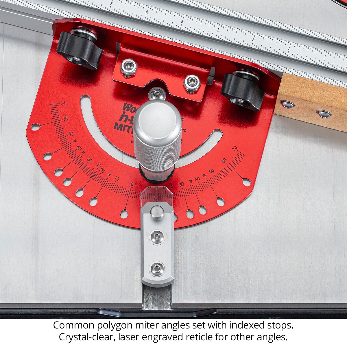 Woodpeckers Flip Stop for the in-DEXABLE Miter Gauge showing indexed angle stops and laser-engraved reticle on a table saw for precision miter cutting in a woodworking shop