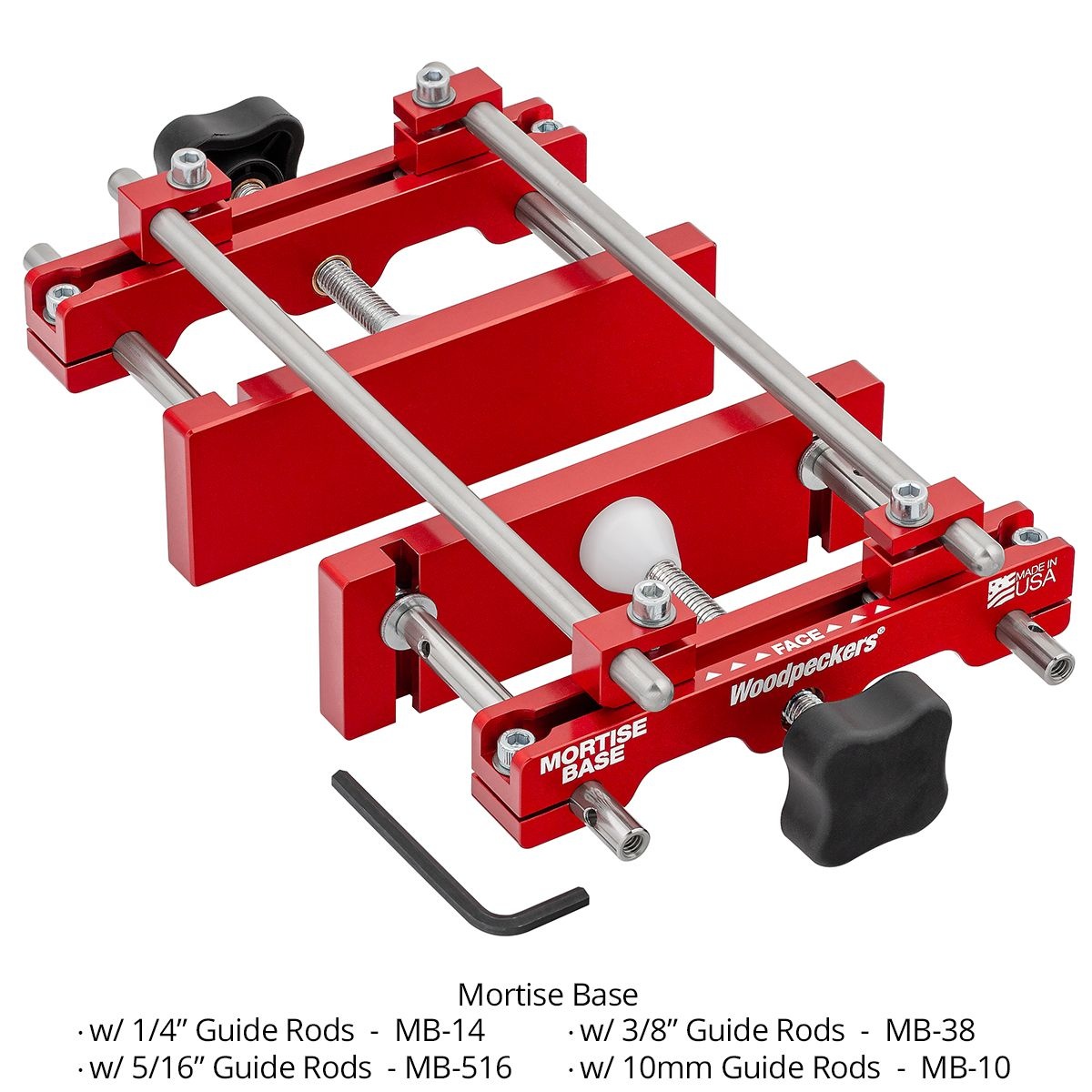 Woodpeckers MB-516 Mortise Base with 5/16 inch guide rods shown in a clean product view for mortising and joinery setup in a woodworking shop