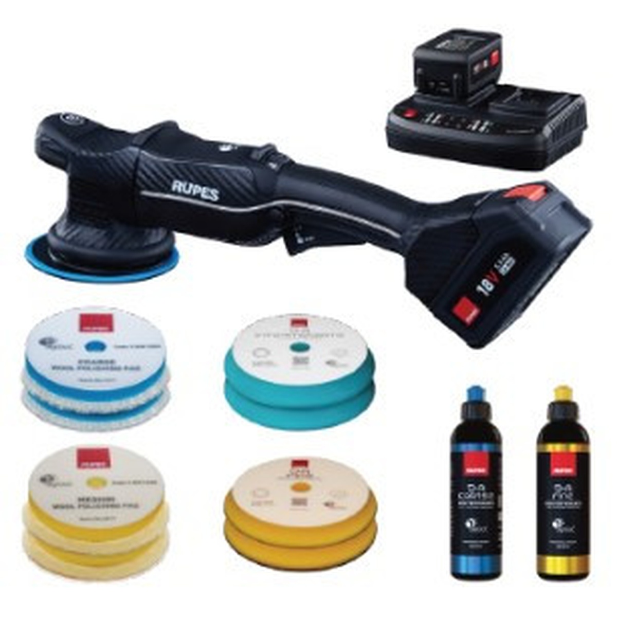 Rupes HLR15/CB2/BAS Ibrid 6-in. 18V Cordless Polisher Basic 5.0Ah Kit shown with charger, batteries, pads, and compounds for automotive paint correction and detailing work