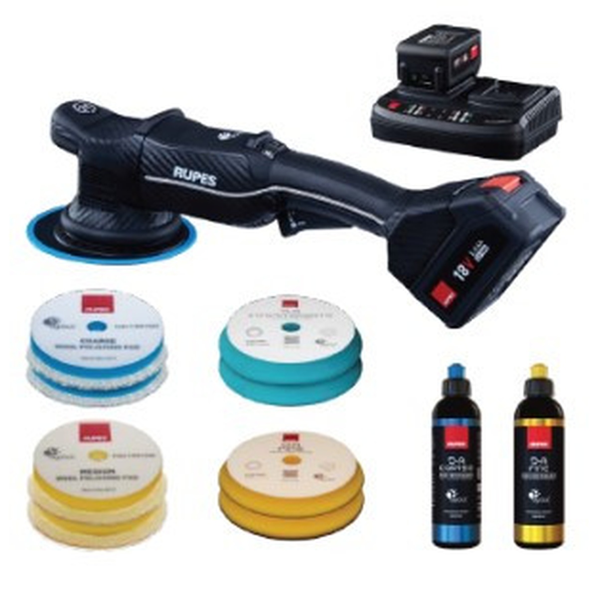 Rupes HLR21/CB2/BAS Ibrid HLR21 18v Cordless Polisher Basic 5.0Ah Kit with batteries, charger, polishing pads, and compounds laid out for automotive paint correction work