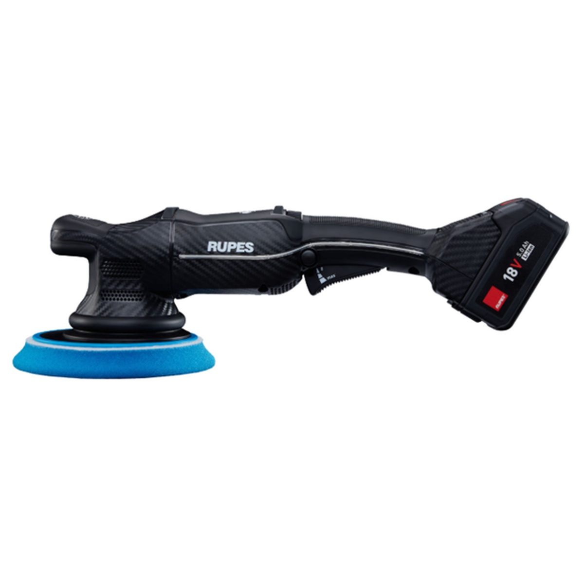 Rupes HLR21/CB2/BAS Ibrid HLR21 18v Cordless Polisher Basic 5.0Ah Kit side profile showing compact body and polishing pad for controlled automotive finishing