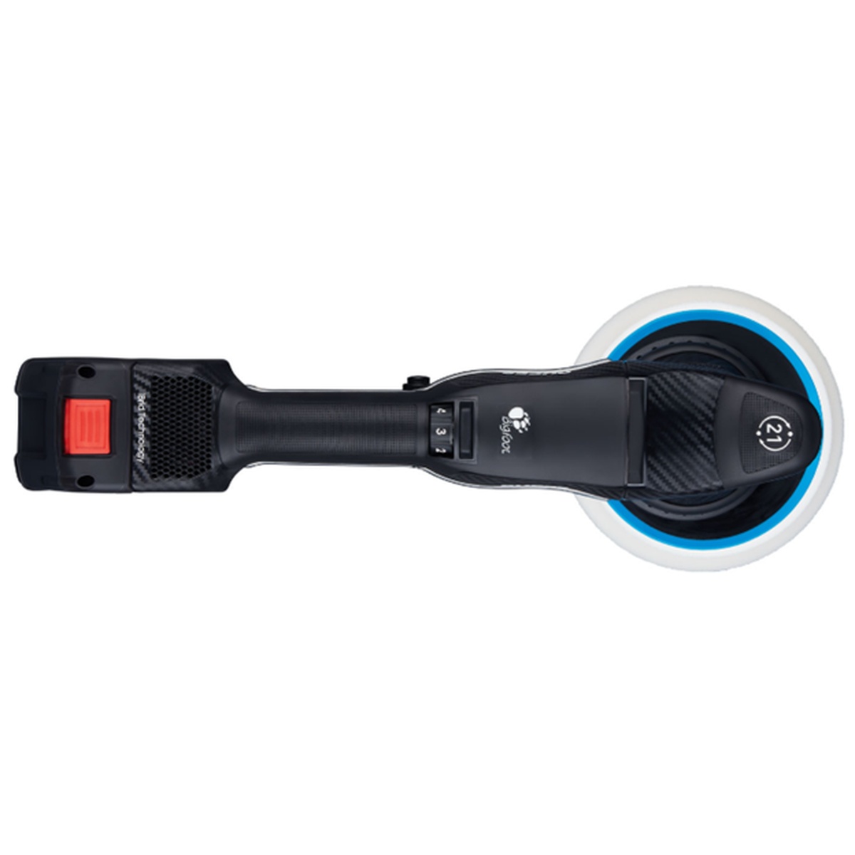 top view of Rupes HLR21/CB2/BAS Ibrid HLR21 18v Cordless Polisher Basic 5.0Ah Kit showing slim tool layout for polishing vehicle panels and curved body sections