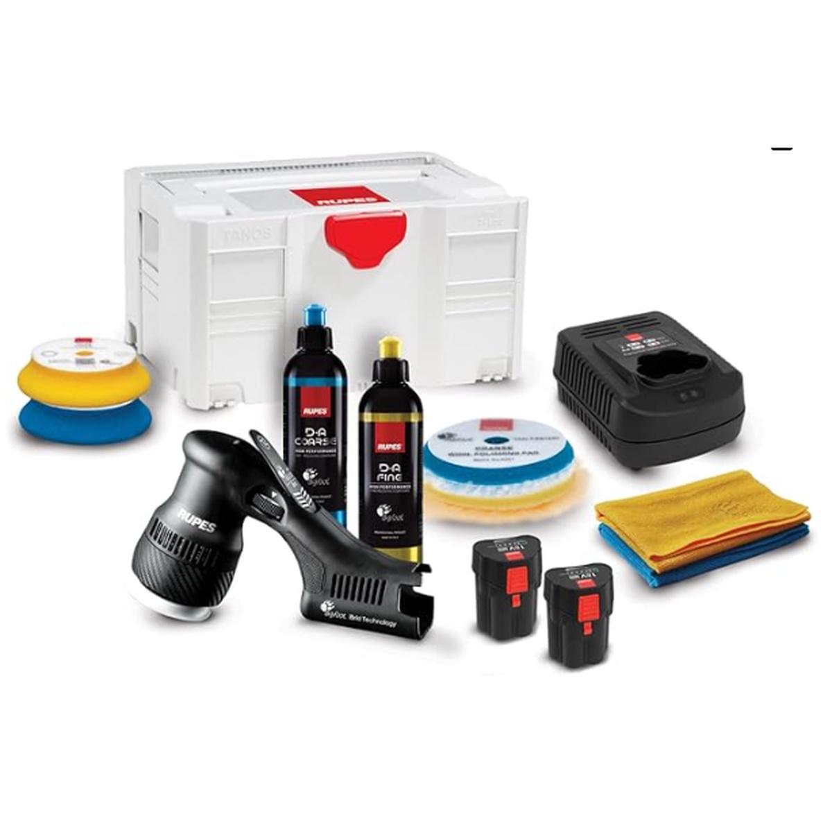 RUPES HLR75/BETA Mini iBrid Polisher Kit with Systainer shown with mini polisher, batteries, charger, pads, compounds, and towels for automotive paint polishing work