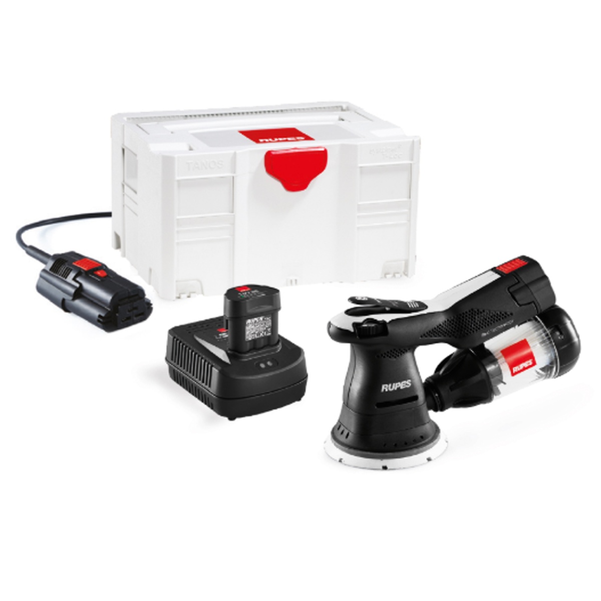 RUPES HSR73/BETA iBrid 125mm Random Orbital Sander kit with charger, 18V batteries, filter, and Systainer case shown for portable sanding and finishing work in shop or jobsite settings