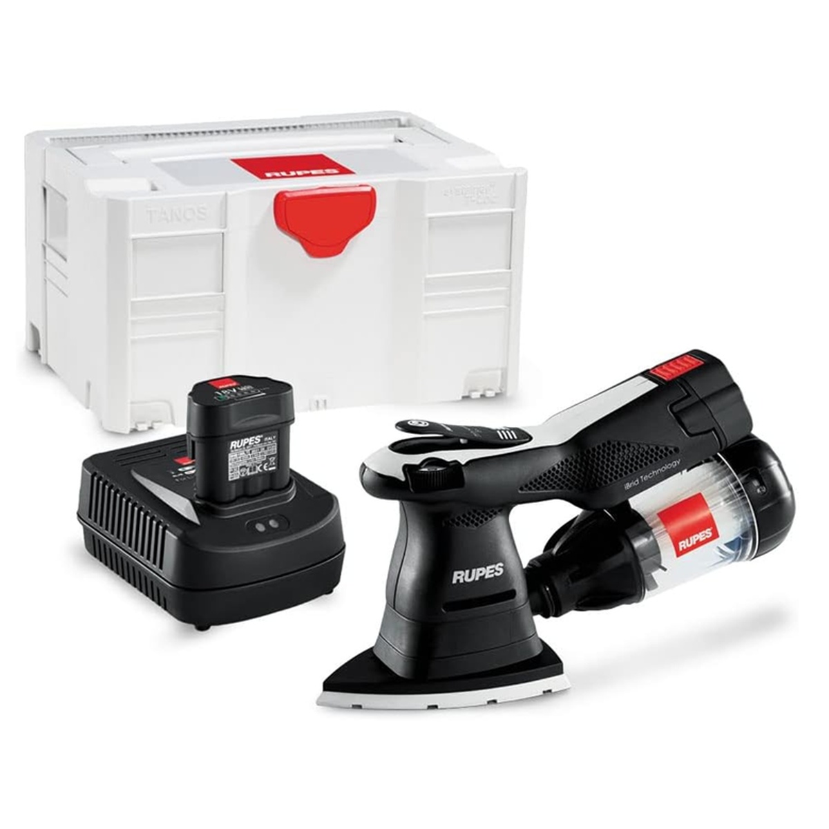 Rupes HSS73/BETA IBRID Orbital Sander Delta HSS73 kit shown with delta sander, charger, battery, and systainer case for detail sanding work in shop and jobsite settings