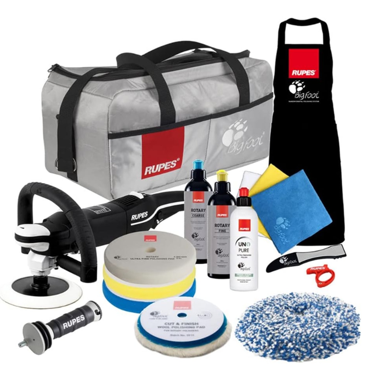 Rupes LH19E/US/CMP LH19E Rotary Complete Polisher Kit with rotary polisher, pads, compounds, towels, apron, and carry bag arranged for automotive detailing and paint correction work