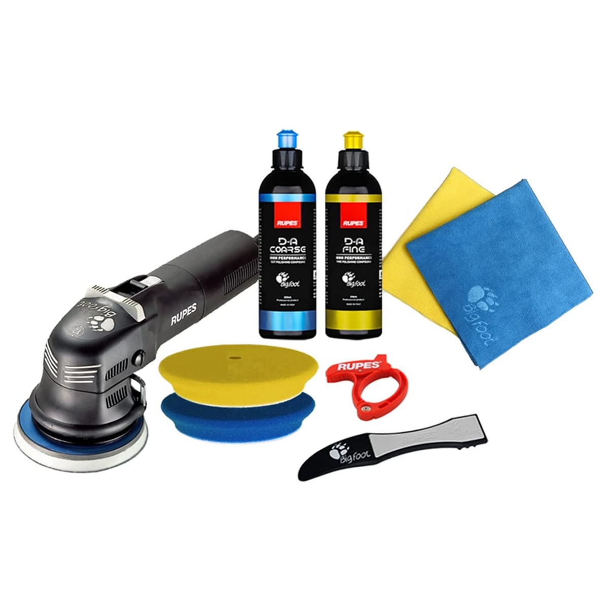 Rupes LHR12E/US/BAS LHR12E Duetto Basic Polisher Kit shown with polisher, pads, compound bottles, towels, and accessories for automotive paint correction and polishing in a shop setup