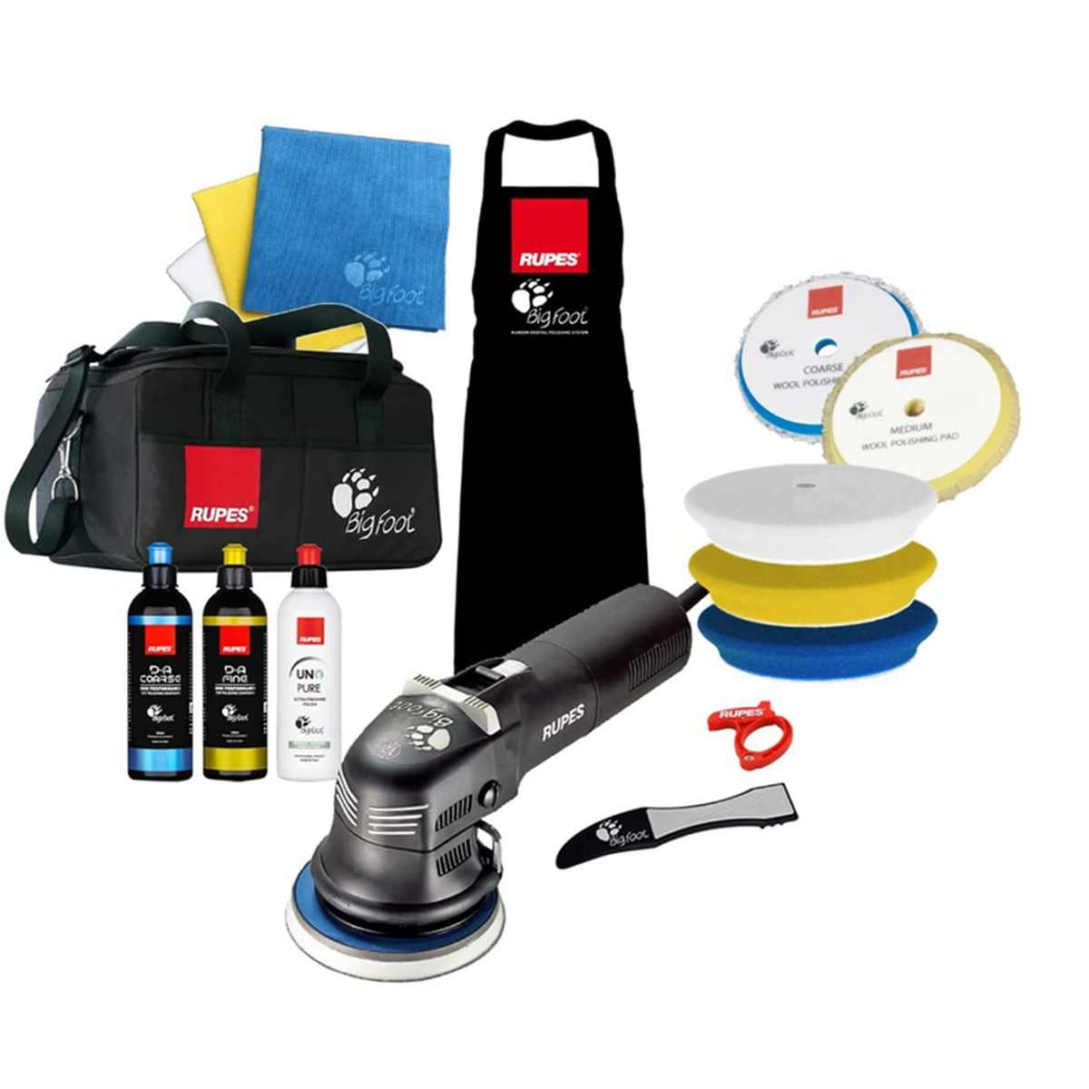 Rupes LHR12E/US/CMP LHR12E Duetto Complete Polisher Kit with random orbital polisher, pads, compounds, towels, apron, and carrying bag arranged for automotive paint correction and polishing work