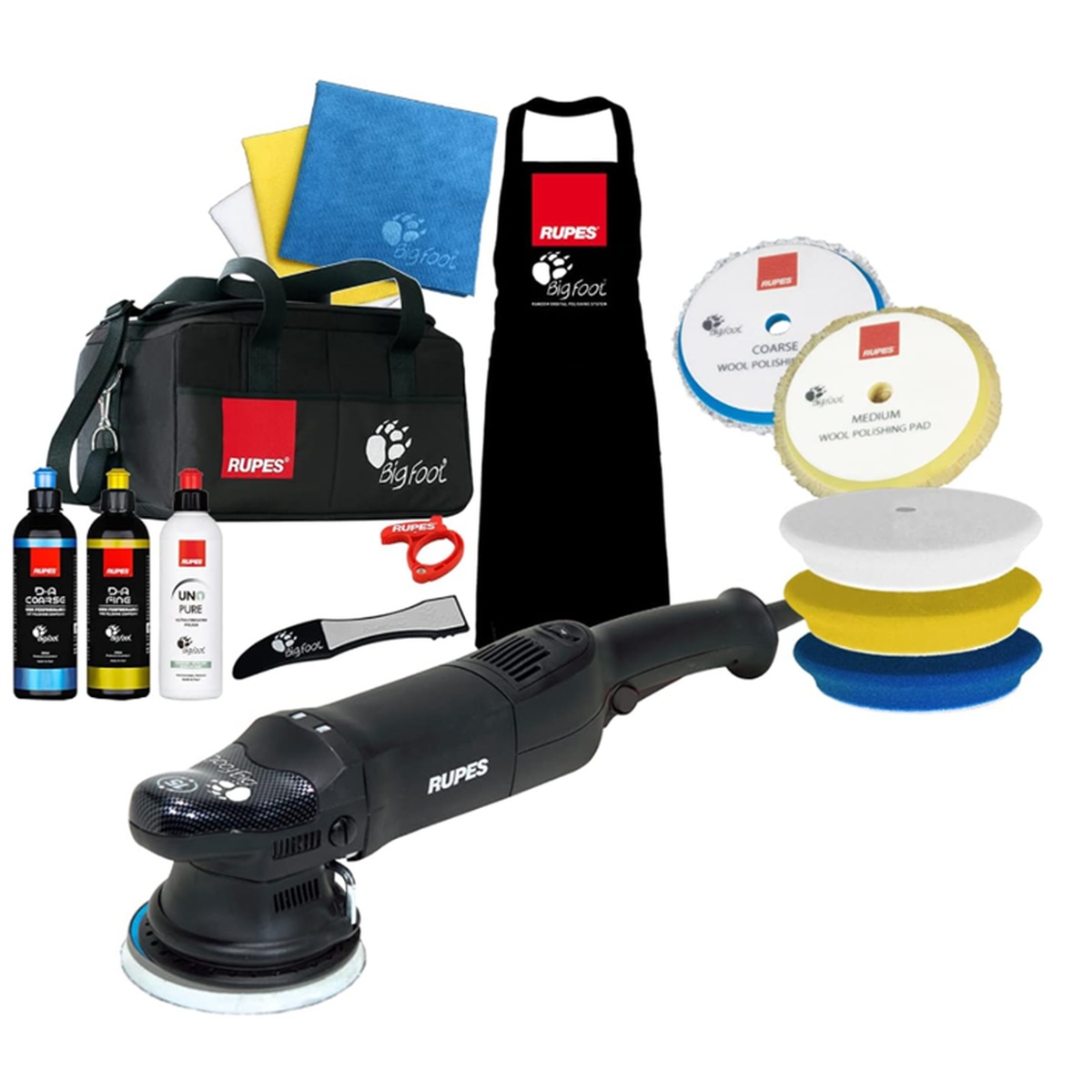 Rupes LHR15ES/US/CMP Complete Dual-Action Orbital Polisher Kit with polisher, pads, compounds, towels, apron, and carrying bag arranged for automotive detailing work