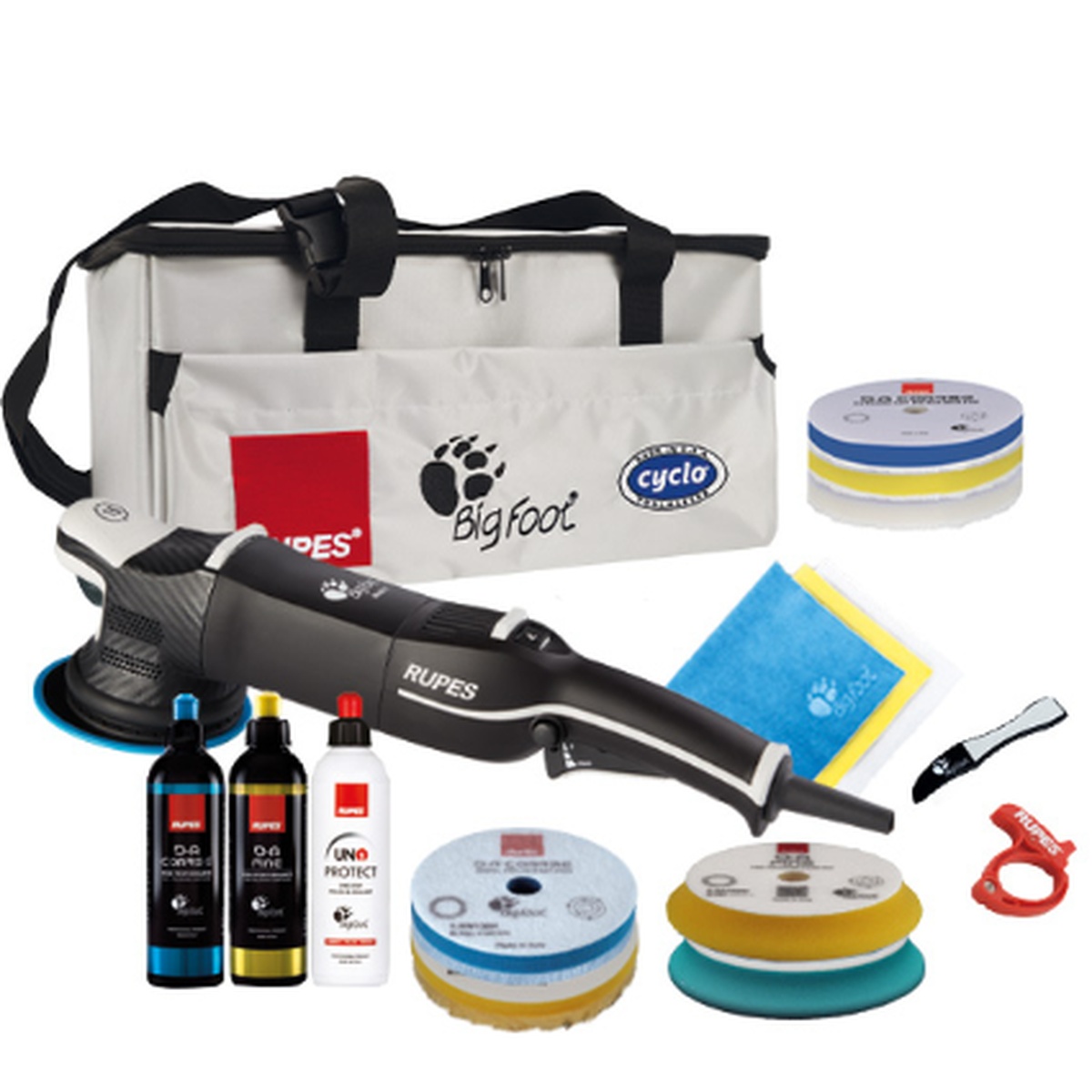 Rupes LHR15V/US/CMP LHR15 Mark V Complete Polisher Kit with random orbital polisher, pads, compounds, towels, and carry bag for automotive paint correction and detailing work