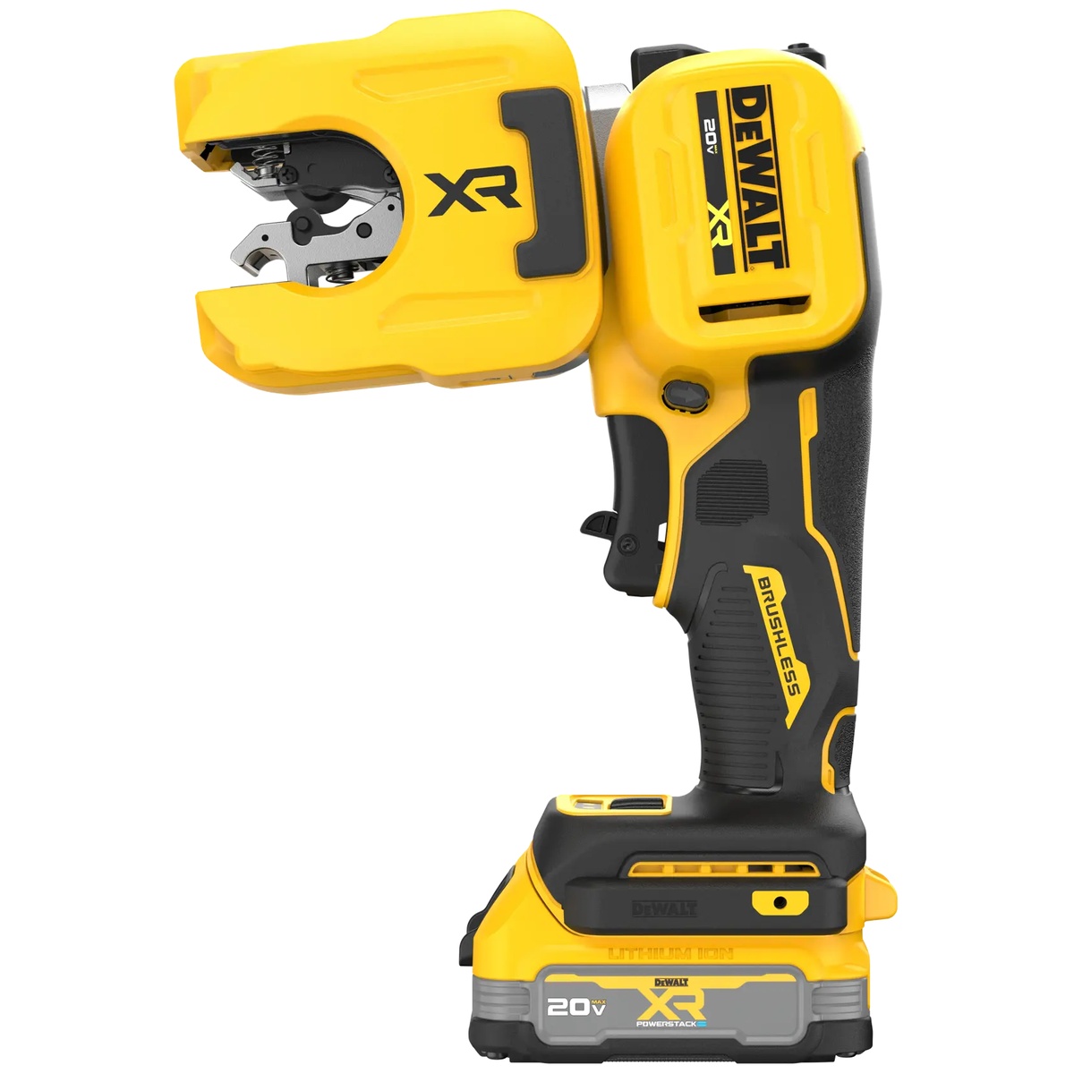 DEWALT DCE154E1 20V MAX XR 1-1/4 in. Copper Tubing Cutter Kit shown as a cordless copper tubing cutter with battery installed for plumbing and HVACR copper pipe cutting