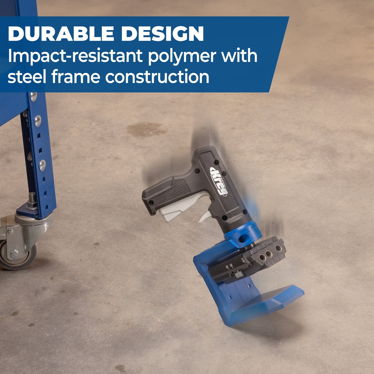 Kreg Tool Pocket-Hole Jig 520PRO showing impact-resistant polymer body and steel frame construction in a workshop setting