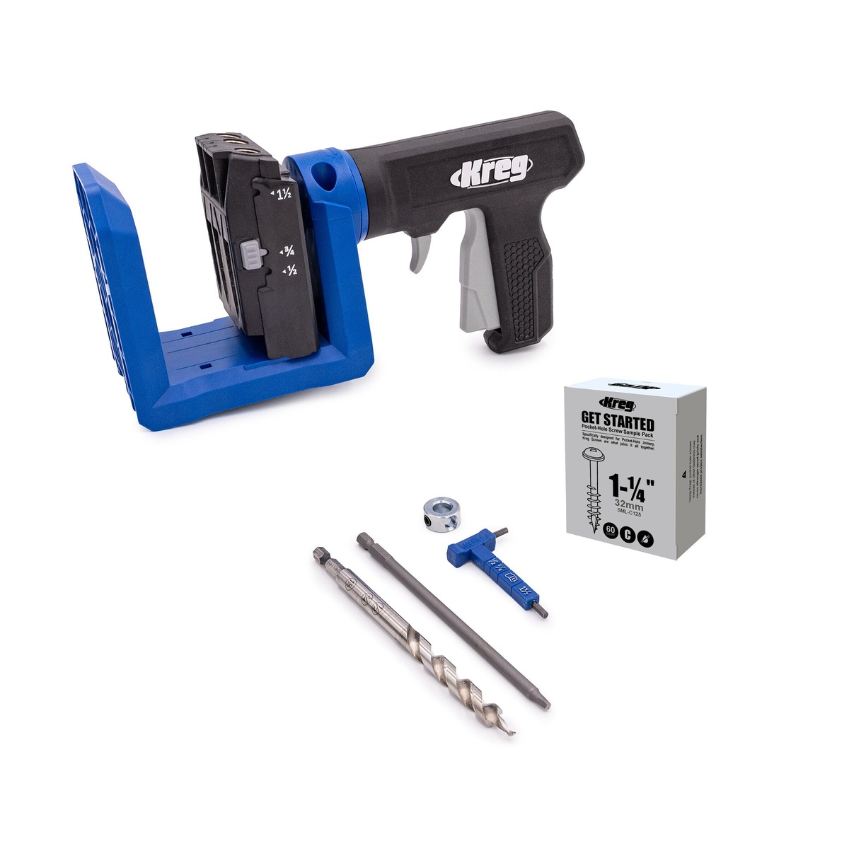 Kreg Tool Pocket-Hole Jig 520PRO with included stepped drill bit, driver bit, stop collar, setup gauge, and screw starter pack on a clean background