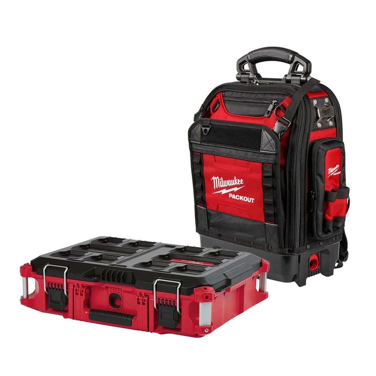 Milwaukee PACKOUT Structured Backpack with PACKOUT Tool Box Kit stacked storage pieces shown together for modular transport and tool organization