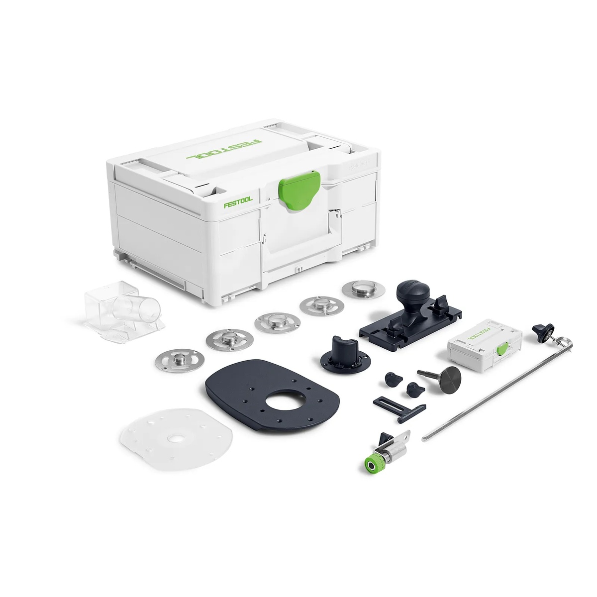 Festool 578047 ZS-OF 1010 I 17-Piece Imperial Router Accessory SYS3 Set laid out with guide rail adapter copy rings base runner trammel unit and storage cases on a clean background