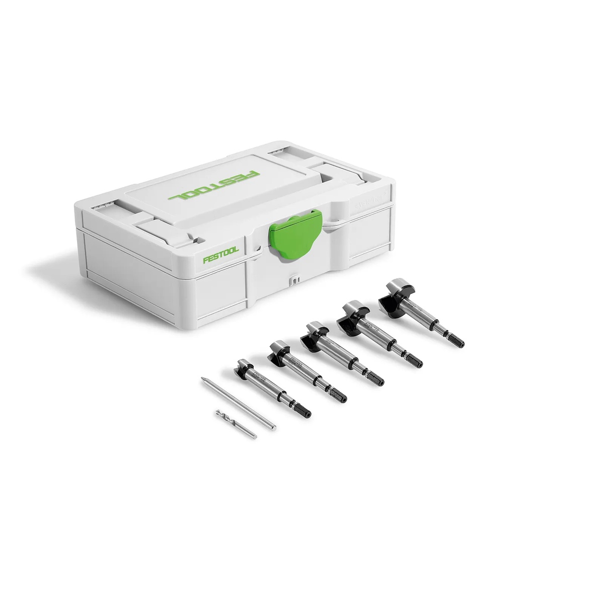 Festool 578110 Forstner Drill Bit Set SYS3 S 76-FB CE-SORT/5 with five Forstner bits, centering bit, punch, and closed Systainer case on a clean background