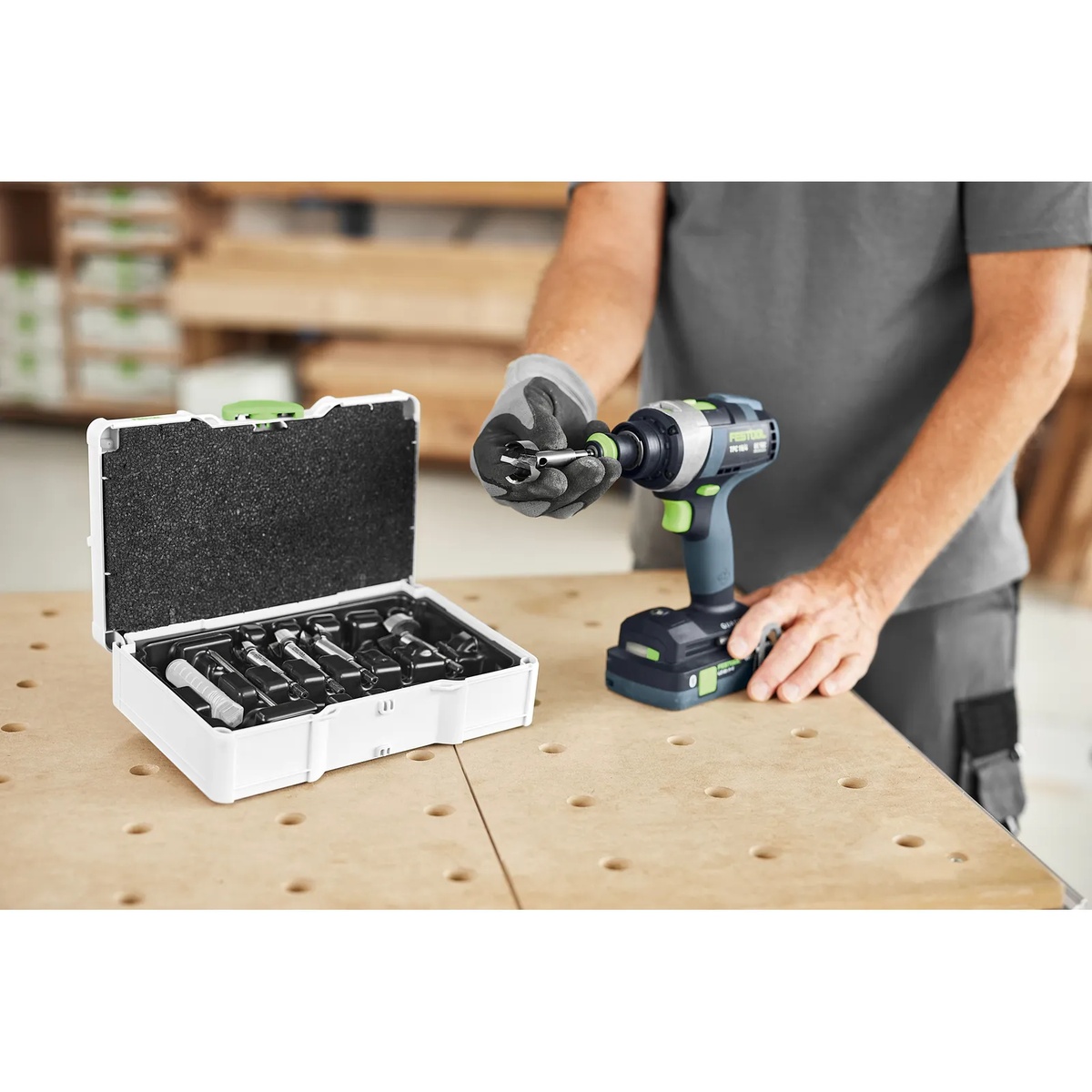 Festool 578110 Forstner Drill Bit Set SYS3 S 76-FB CE-SORT/5 on a woodworking bench with a Festool cordless drill and open case in a shop setting