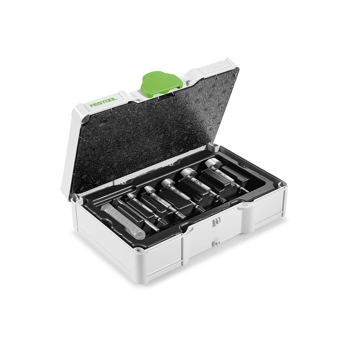 Festool 578110 Forstner Drill Bit Set SYS3 S 76-FB CE-SORT/5 open case showing organized Forstner bits, centering bit, and punch