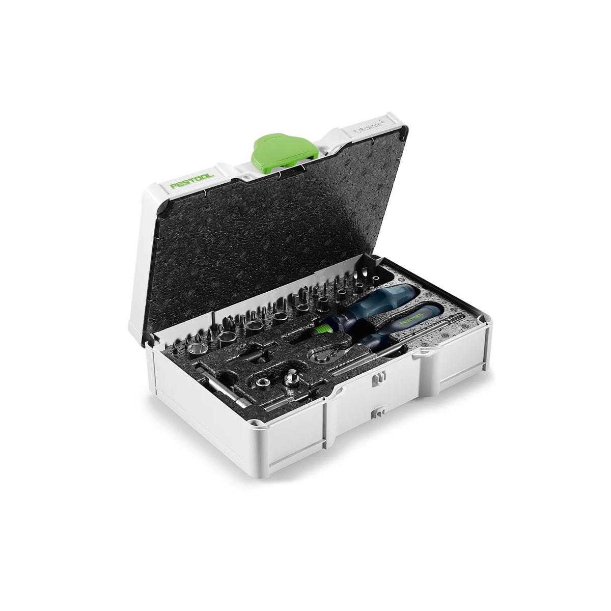 Open Festool 578112 Metric Ratchet and Socket Set SYS3 S 76-1/4-CE RA in its foam insert showing organized sockets, bits, ratchet, and hand driver inside the compact Systainer case