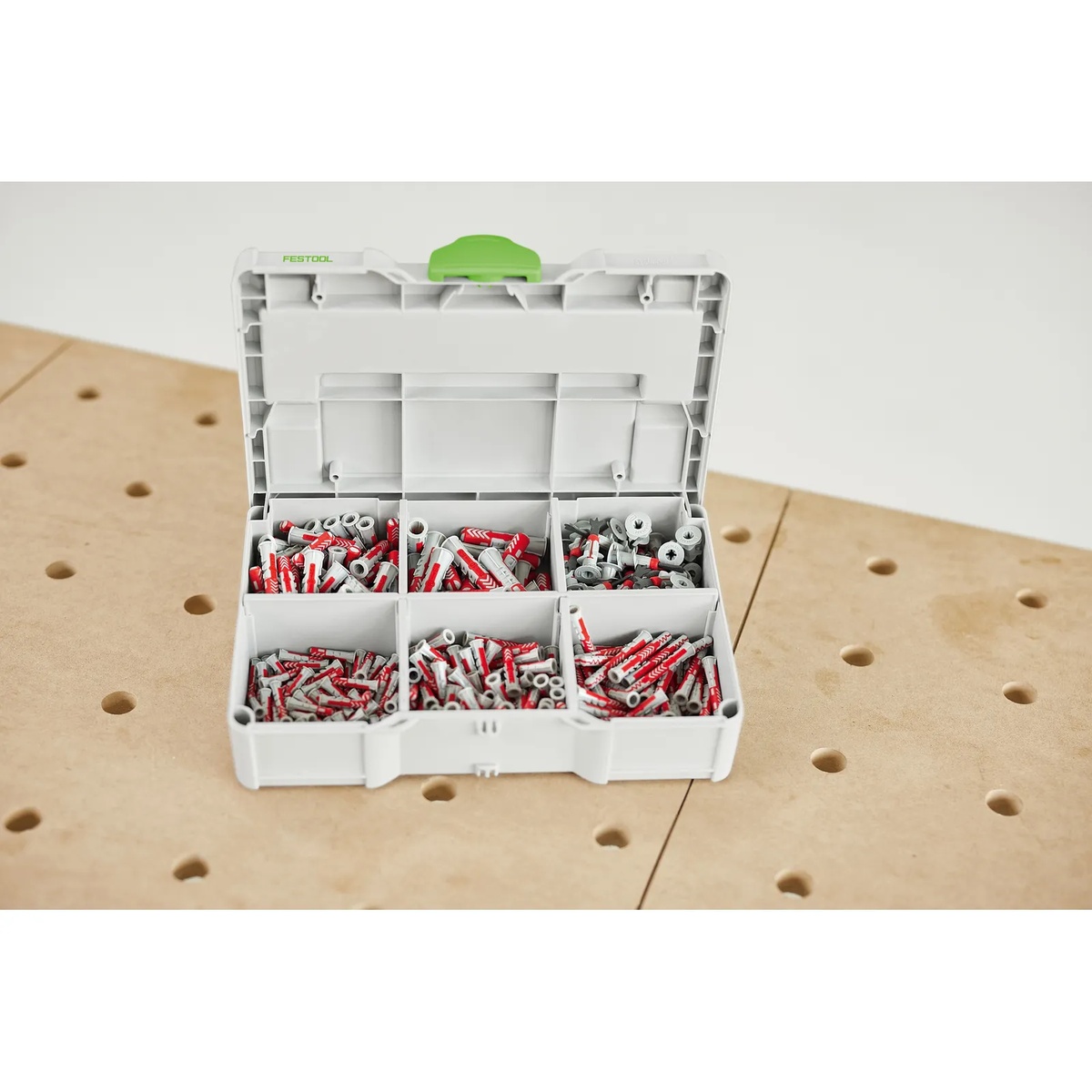 Festool 578113 Duopower 560-Piece Anchor Set SYS3 S 76-DBL-Set open on a workbench with anchor assortments ready for wall and ceiling fastening jobs