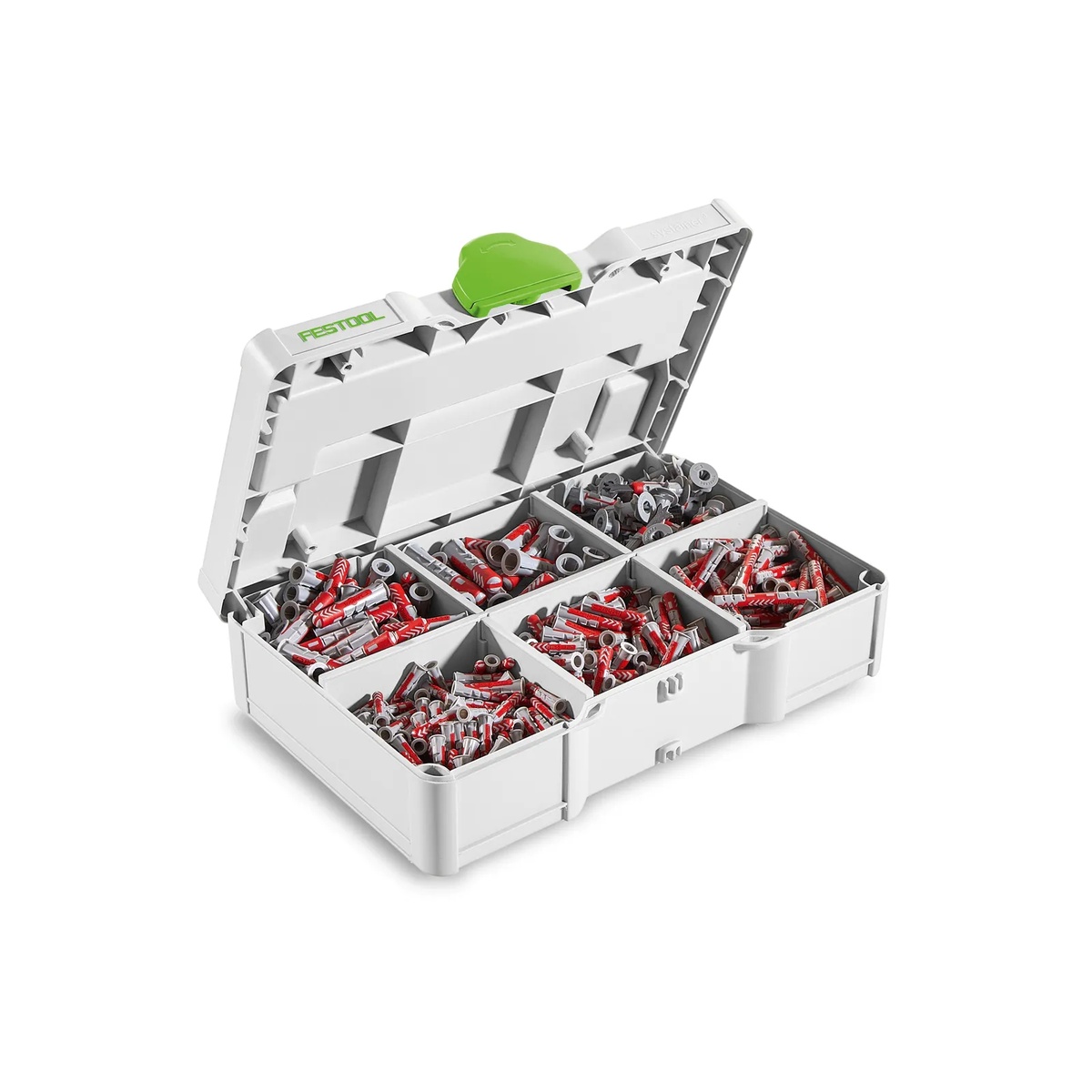 Festool 578113 Duopower 560-Piece Anchor Set SYS3 S 76-DBL-Set open on a clean background showing divided compartments with multiple anchor sizes organized for fastening work