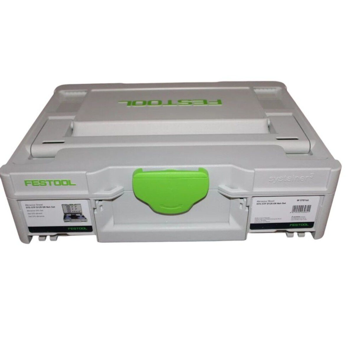 Festool abrasive Systainer 3 closed and ready for transport, showing organized storage for 5-inch Granat NET sanding discs and pad protection accessories
