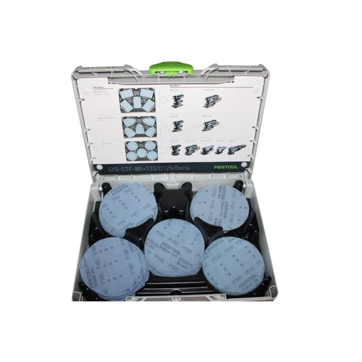 Festool 578146 Limited Edition Granat NET D125 (5-in.) Abrasives 100-Piece Systainer Set opened to show organized 5-inch sanding discs by grit inside the Systainer for shop and jobsite sanding work