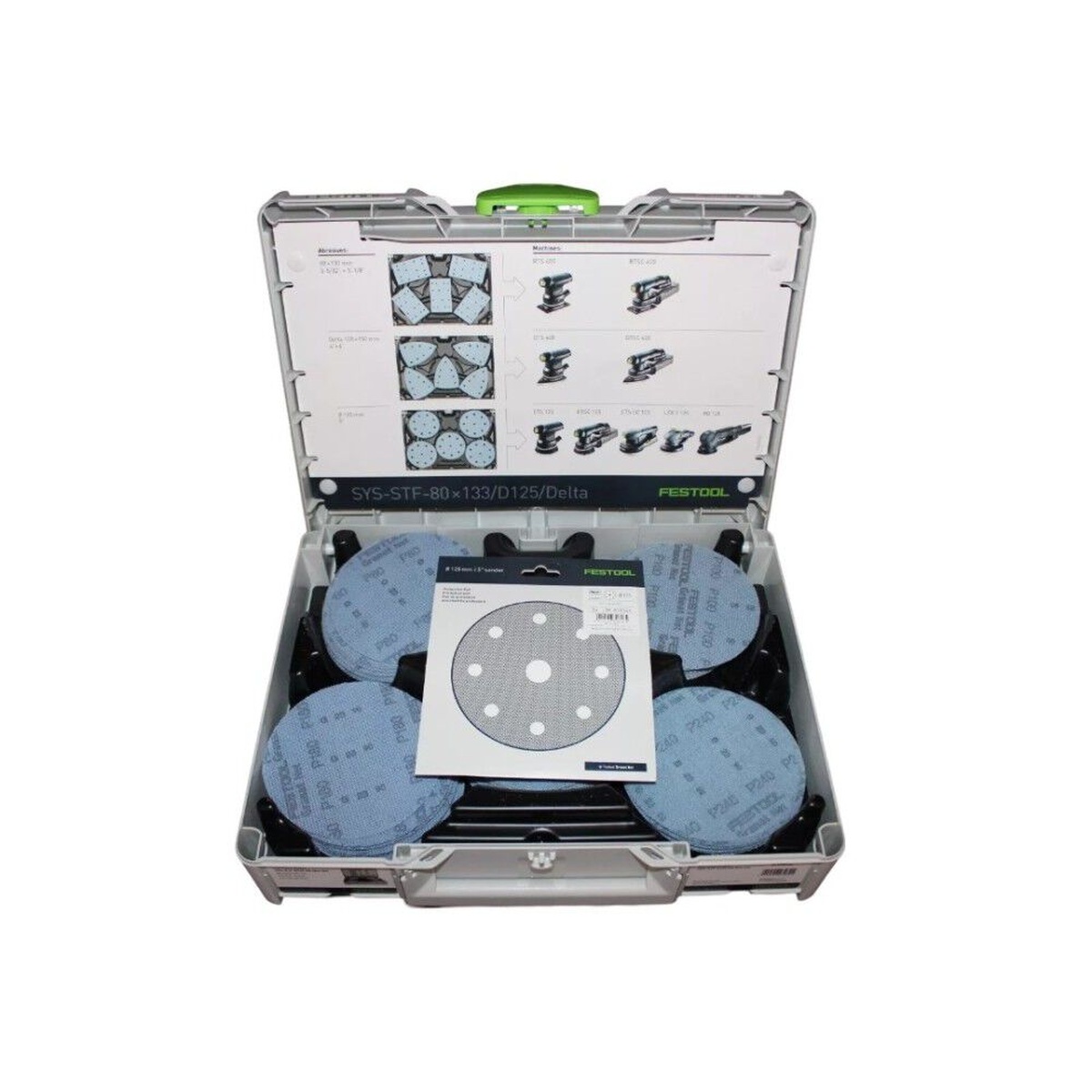 Festool 578146 Limited Edition Granat NET D125 (5-in.) Abrasives 100-Piece Systainer Set open with mesh abrasive disc and protection pad shown for 5-inch sander setup in a workshop storage case