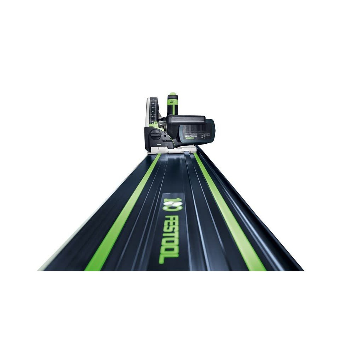 Festool 578246 FS 1400 Limited Edition 100th Anniversary Blue Anodized 55 inch Guide Rail with a compatible Festool saw riding on the rail for guided cutting control