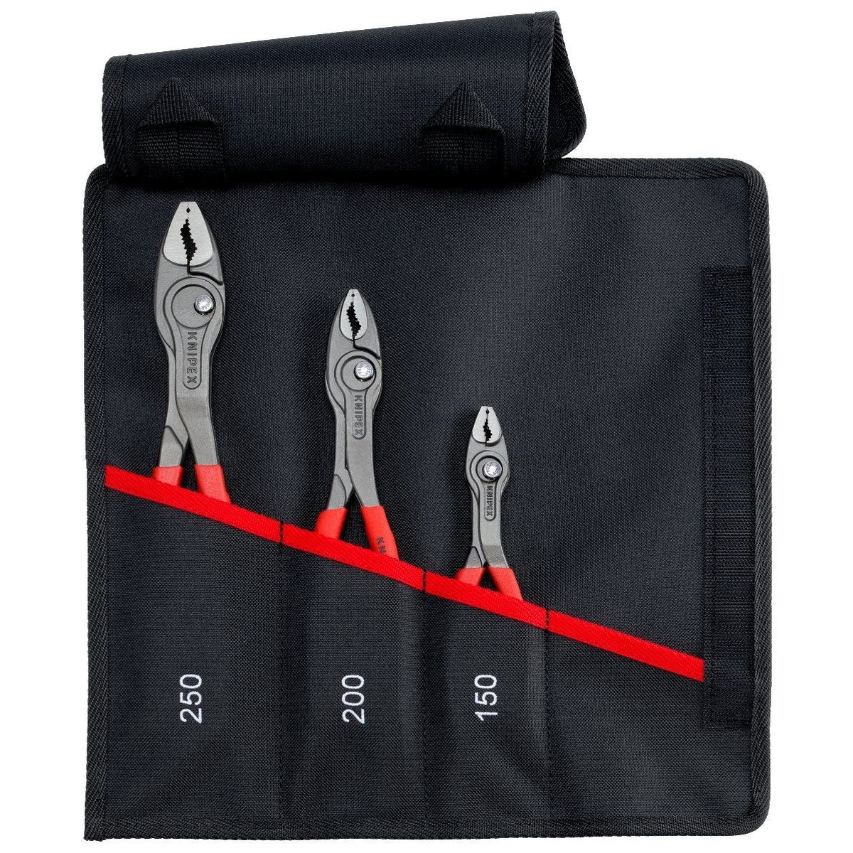 Knipex 00 19 61 V01 TwinGrip Slip Joint Pliers 3-Piece Set stored in a black polyester tool roll with 150 mm, 200 mm, and 250 mm pliers organized for repair and fastener removal work