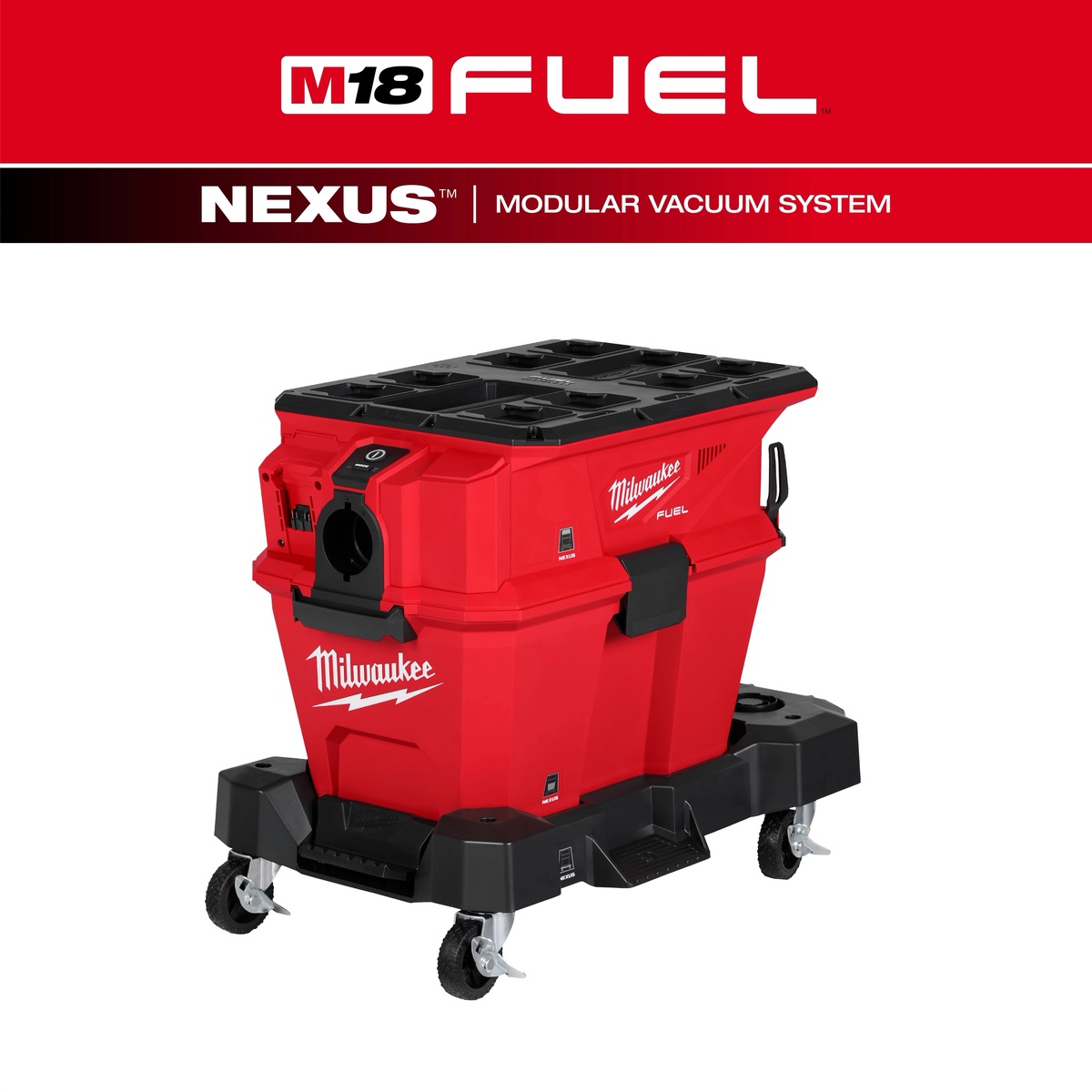 Milwaukee 0915-20 M18 FUEL NEXUS 6 Gallon Wet/Dry Vacuum w/ PACKOUT Compatibility shown assembled on cart with modular tank and top platform for jobsite transport