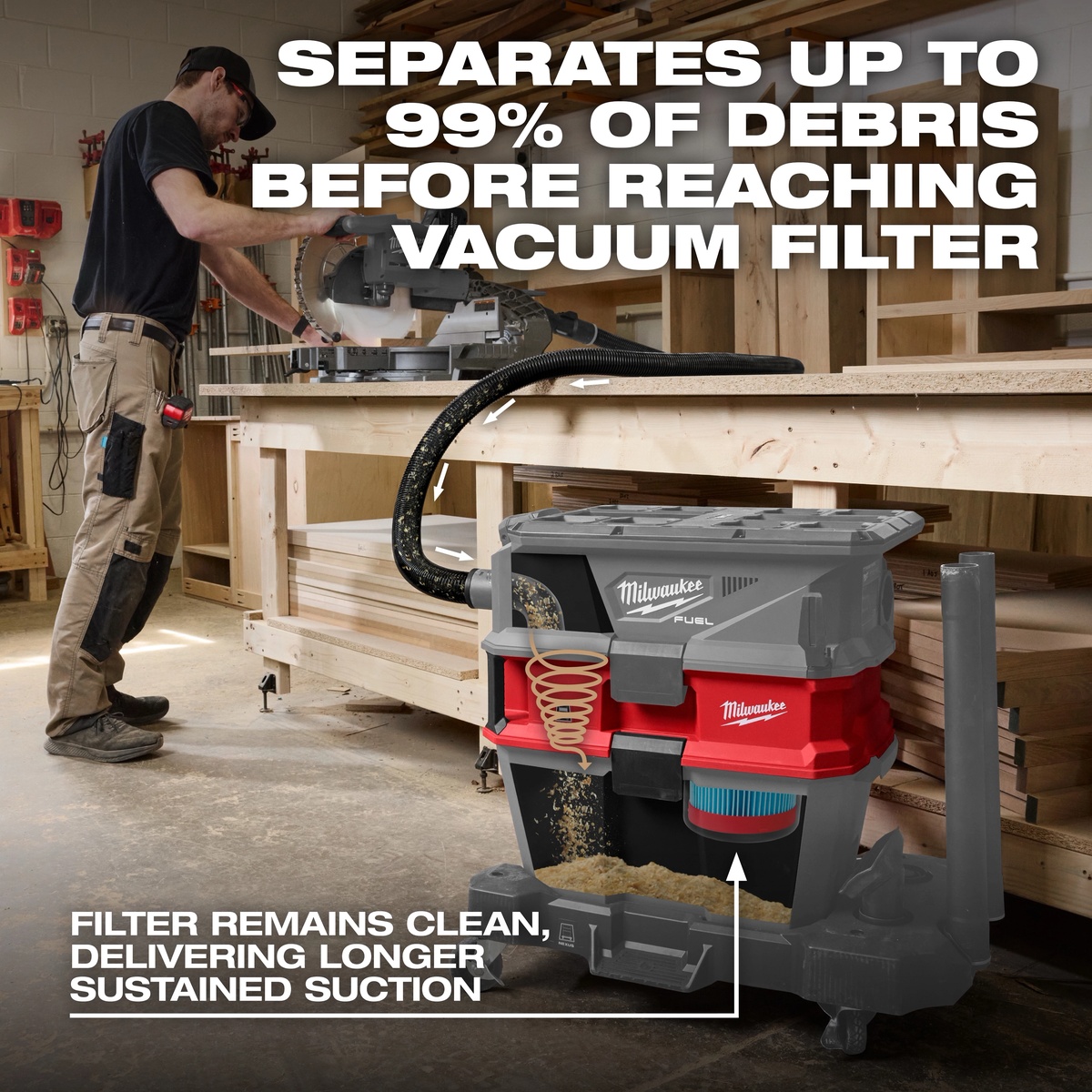 Milwaukee 0990-20 NEXUS Dedicated Debris Separator connected to a NEXUS wet dry vacuum during woodworking cleanup, collecting sawdust beside a miter saw bench in a shop
