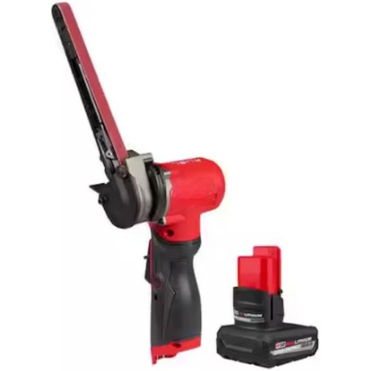 Milwaukee 2482-20-48-11-2450 M12 bandfile with 1/2 inch x 18 inch sanding belt and 5.0 Ah battery pack shown for detail sanding and surface prep work in tight shop or jobsite areas