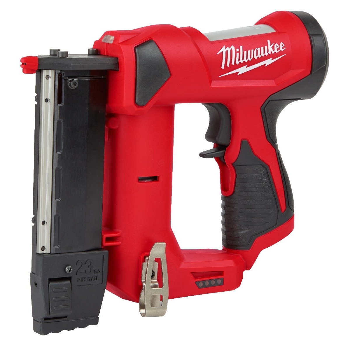 Milwaukee 2540-20 M12 Cordless 23-Gauge Pin Nailer shown from the side for trim fastening and cabinet work in tight interior spaces