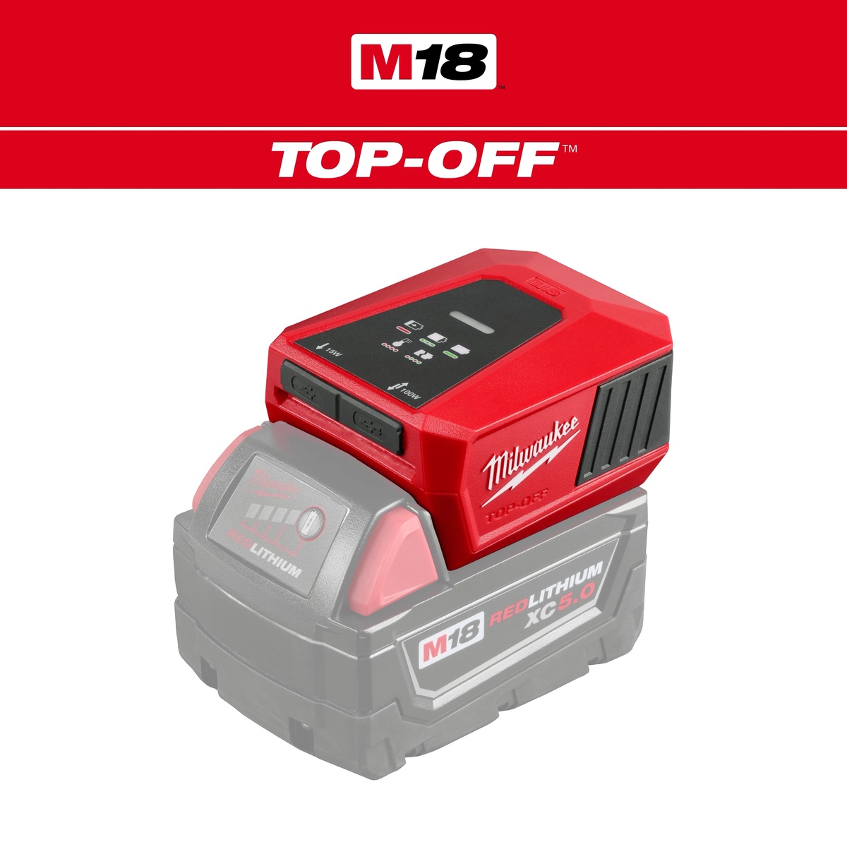 Milwaukee 2847-20 M18 TOP-OFF Charger & Power Supply mounted on an M18 battery showing the compact charger body in a clean product view
