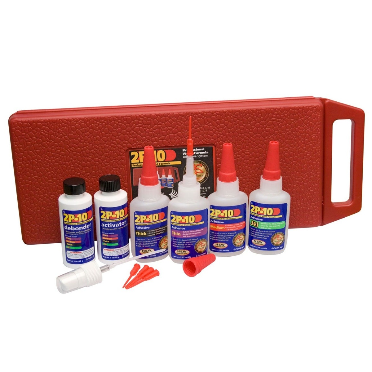 FastCap 2P-10 Adhesive Kit, 6-Pack, 2-oz. Bottles with storage case, adhesive bottles, activator, debonder, and applicator tips on a workbench-style product display
