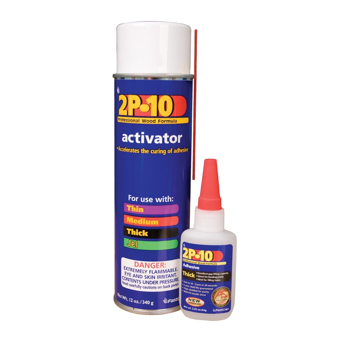 Fastcap 2P-10 Solo Kit 2-oz. Thick Adhesive and 12-oz. Activator Bundle product shot showing adhesive bottle and activator can for woodworking and repair use