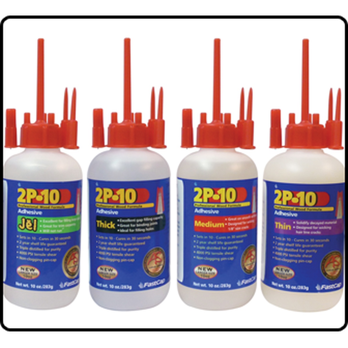 Fastcap 2P-10 Thick Adhesive, 10-oz. bottle shown with other 2P-10 adhesive formulas for shop and woodworking use