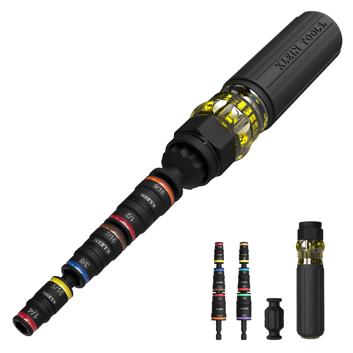 Klein Tools 14-in-1 Impact Rated Flip Socket Set shown assembled with stacked SAE and metric sockets for impact driver fastening on the job