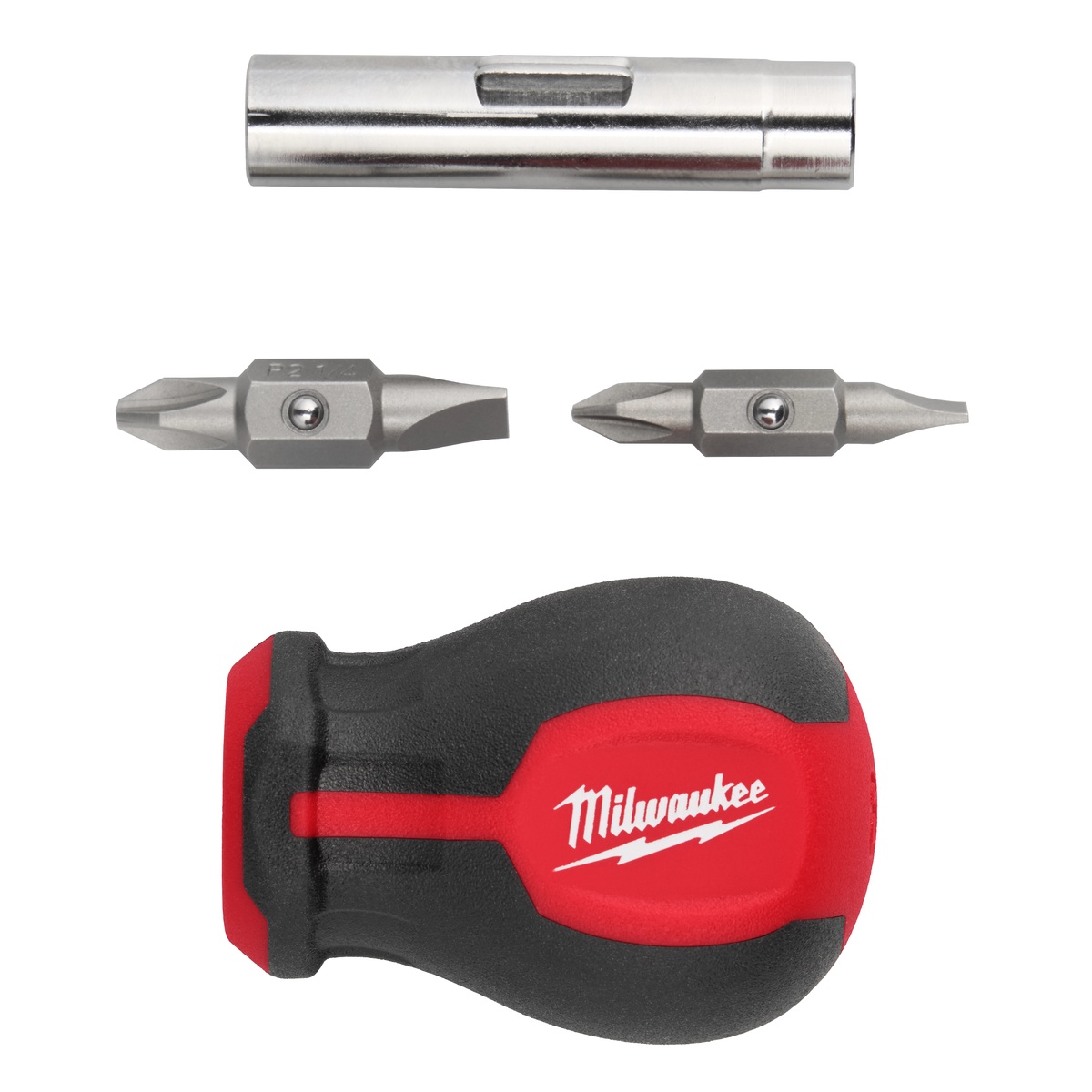 Milwaukee 48-22-2762 6-IN-1 Stubby Multi-Bit Screwdriver with dual-ended bits and bit holder laid out to show included fastening options