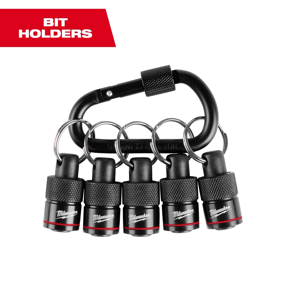 Milwaukee 48-32-4537 5PC Bit Holder with Carabiner shown with five forged steel holders for organizing 1/4 inch hex bits in a compact carry setup