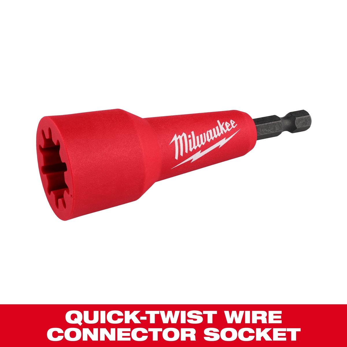 Milwaukee 48-32-6400 Quick-Twist Wire Connector Socket product view showing the stepped socket opening and 1/4 inch hex shank for impact driver use