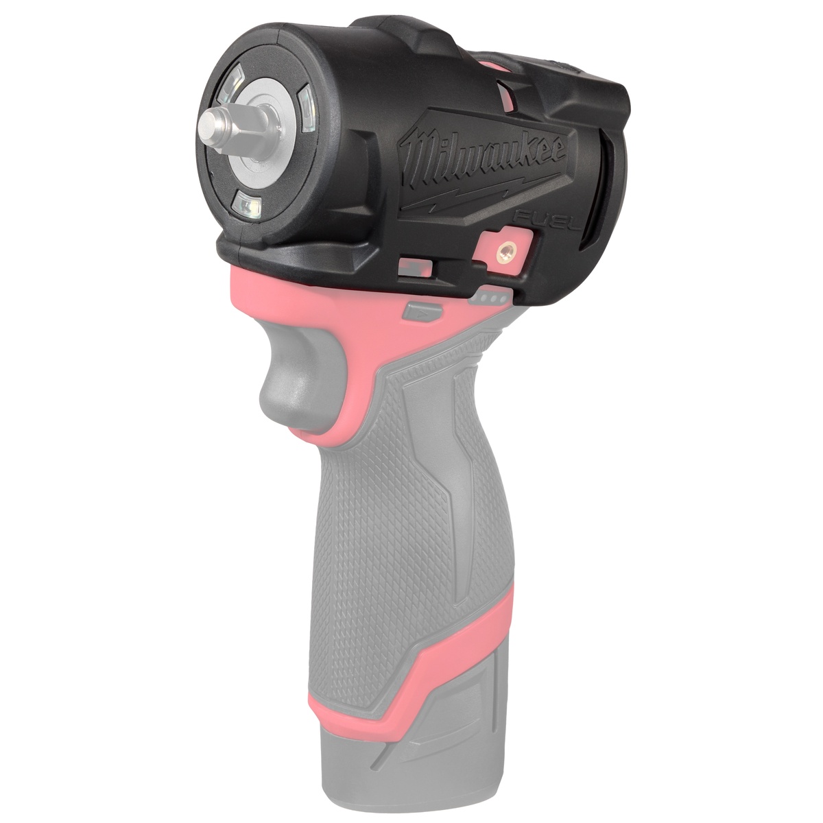 Milwaukee 49-16-3049 M12 FUEL 1/4 in. and 3/8 in. subcompact impact wrench protective boot installed on the front of a compact impact wrench for fastening work in tight maintenance spaces