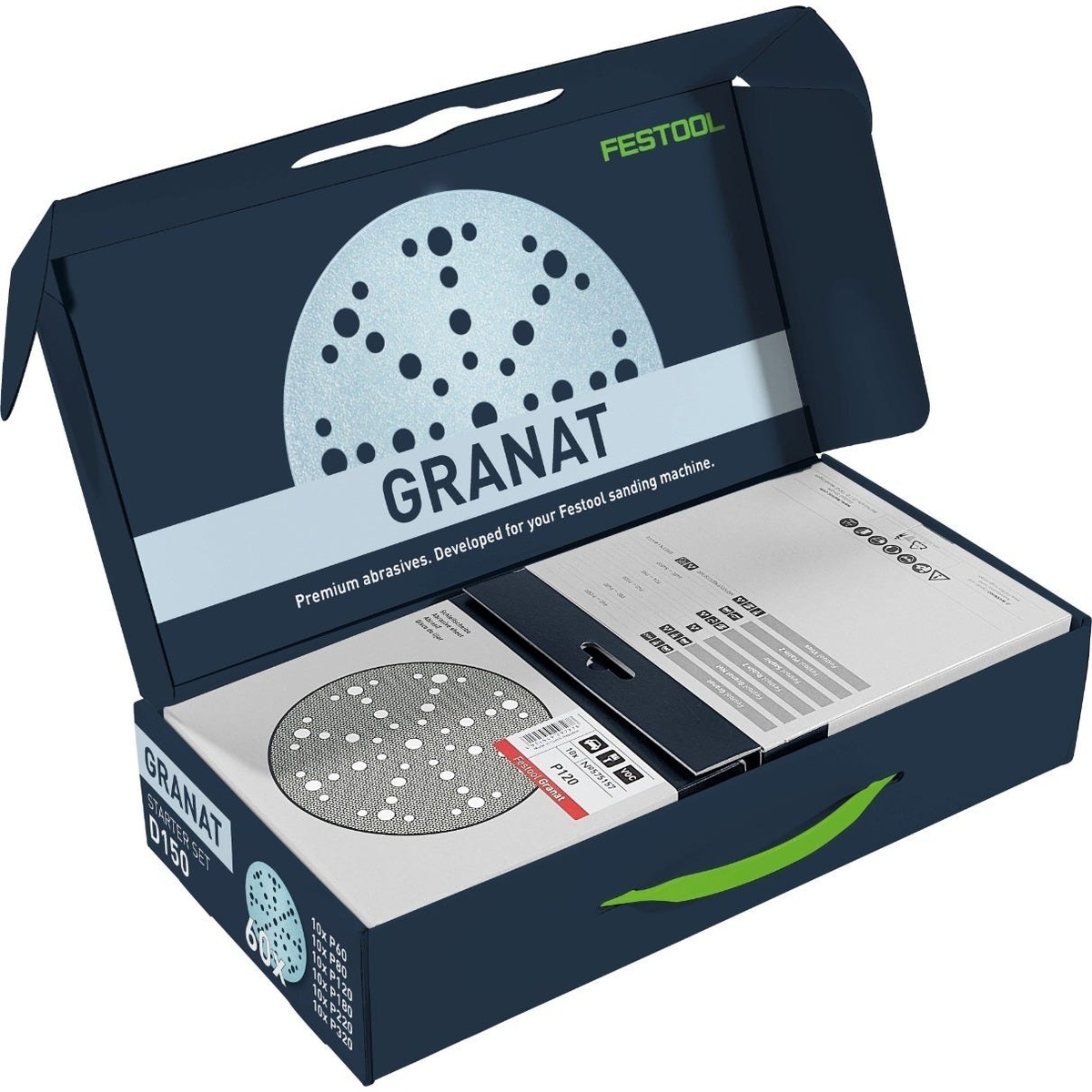 Festool Cordless 18V ETSC 2 150mm 6-inch sander GRANAT abrasive starter pack with sanding discs and multiple grits for finish sanding work