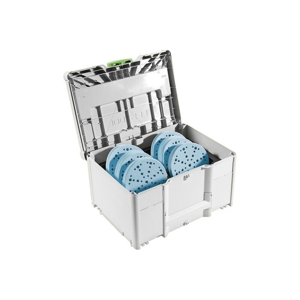 Festool Cordless 18V ETSC 2 150mm (6-in.) Sander set GRANAT abrasive discs organized by grit inside a SYS3 M 327 Systainer for workshop and jobsite use