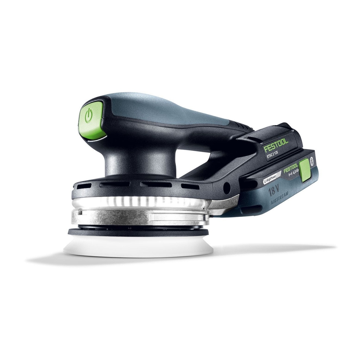 Festool Cordless 18V ETSC 2 125mm (5-in.) Sander Kit w/ 60-Piece GRANAT Abrasive Starter Pack close-up showing the low-profile cordless sander body and 18V battery for controlled finish sanding