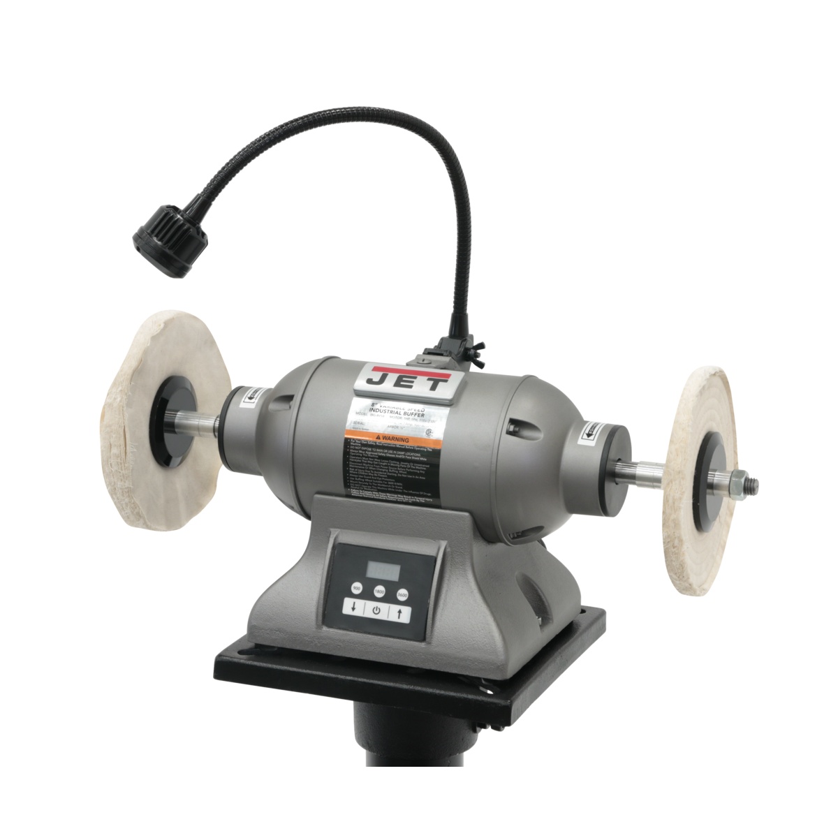 Jet Tools 578218 IBG-8VSB 8 inch variable speed industrial buffer side angle showing dual buffing wheels and control panel in a metalworking shop style setup