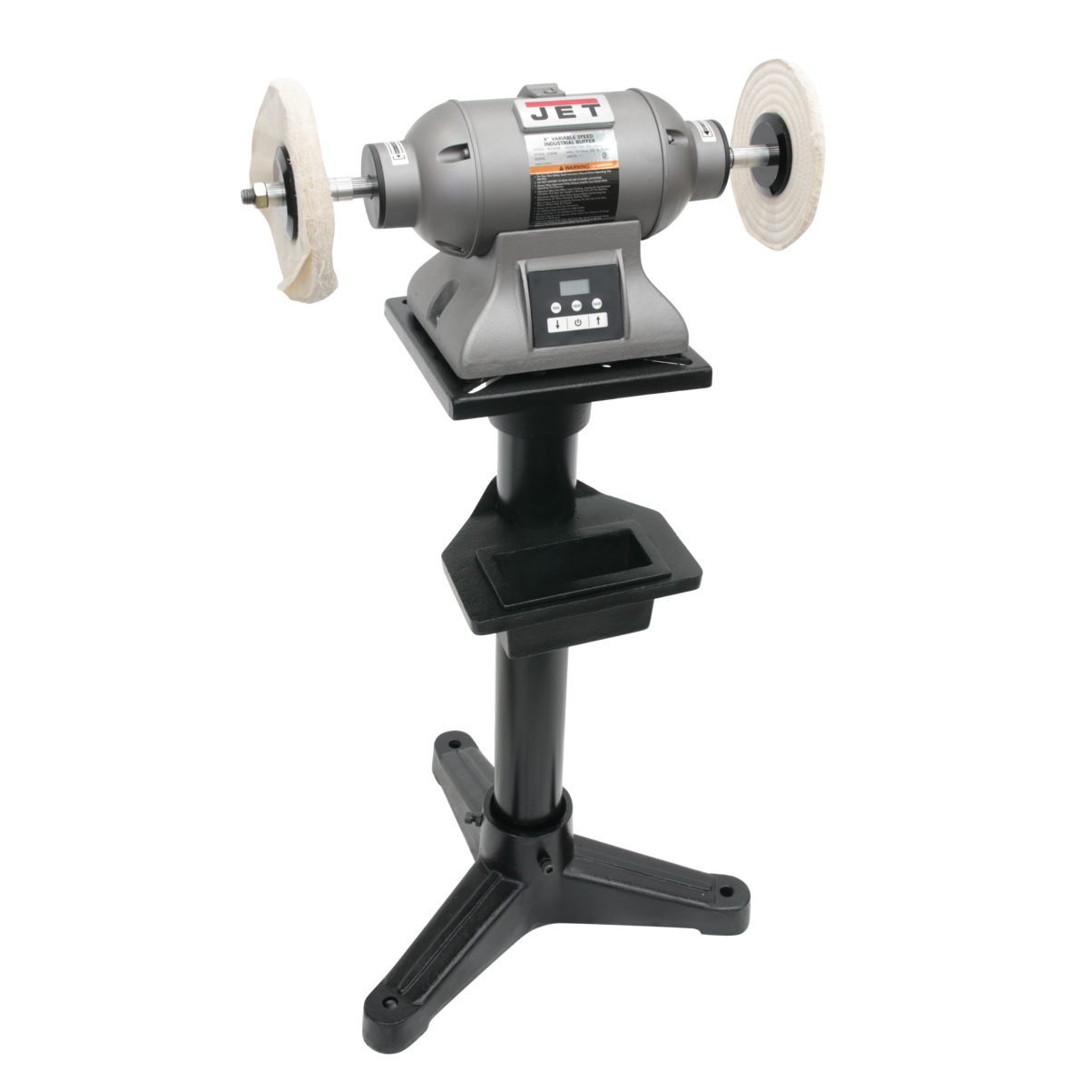 Jet Tools 578218 IBG-8VSB 8 inch variable speed industrial buffer angled on a pedestal stand showing the heavy cast iron body for shop finishing and polishing
